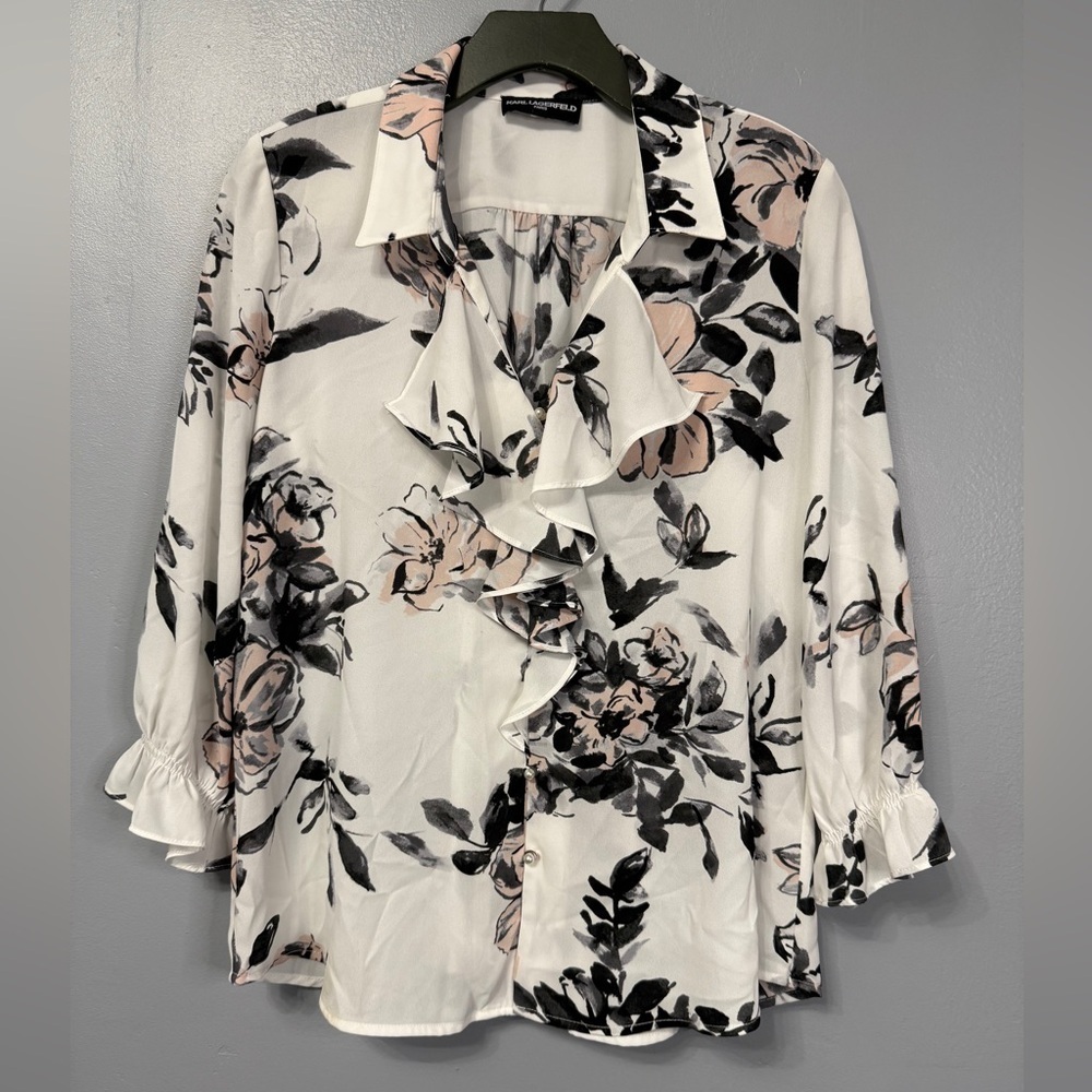 #9) Karl Lagerfeld Floral Ruffle Blouse with bead-button front